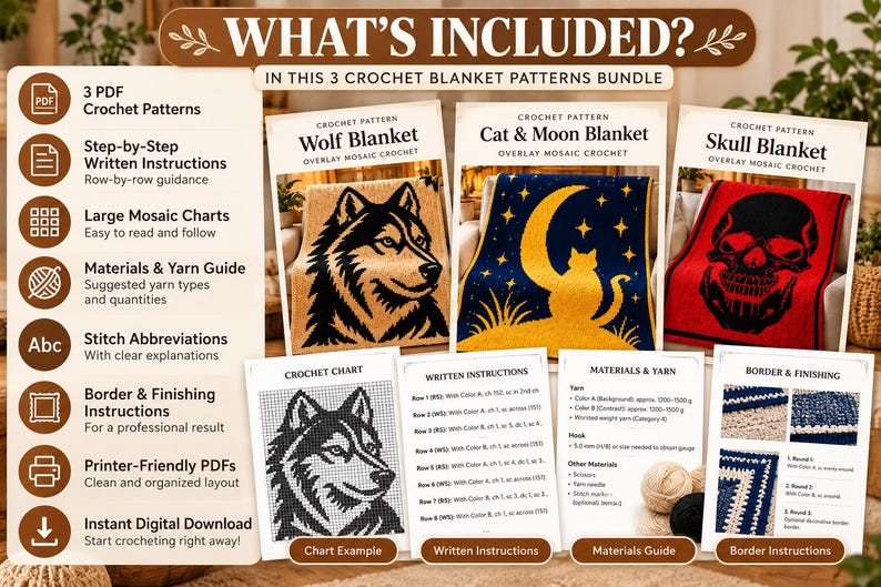 May include: A digital bundle of three crochet blanket patterns featuring a wolf, a cat with a moon, and a skull. The set includes PDF documents with written instructions, large mosaic charts, materials and yarn guides, stitch abbreviations, and border finishing steps.