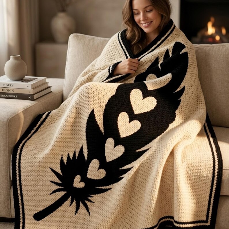 May include: Cream crochet blanket featuring a black feather design with white hearts. The blanket has a black border and is draped over a person on a beige sofa. A cosy home decor item, perfect for adding warmth and style.