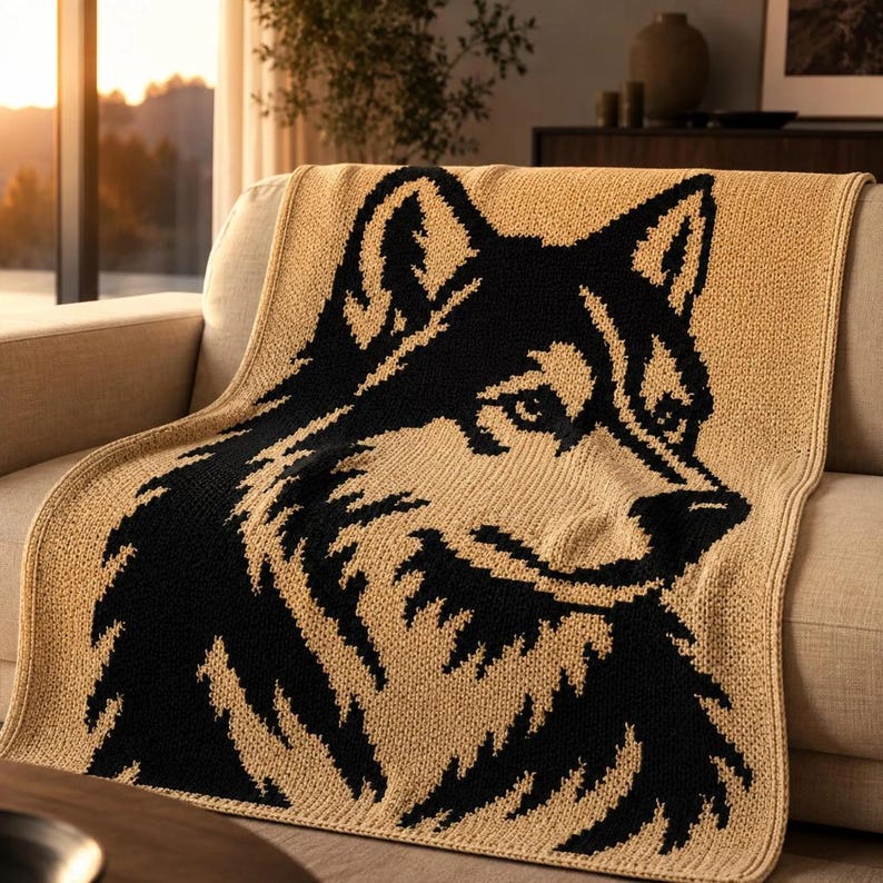 May include: A rectangular knit throw blanket featuring a large, high-contrast graphic of a wolf head in black yarn against a tan background. The blanket has a visible textured stitch pattern throughout, with the wolf design centered on the fabric.