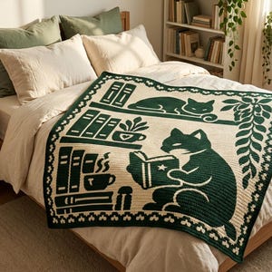 May include: A rectangular crochet blanket featuring a dark green and cream color scheme. The design depicts cats, bookshelves, potted plants, and a steaming mug. The border is decorated with a repeating small heart pattern along the edges.