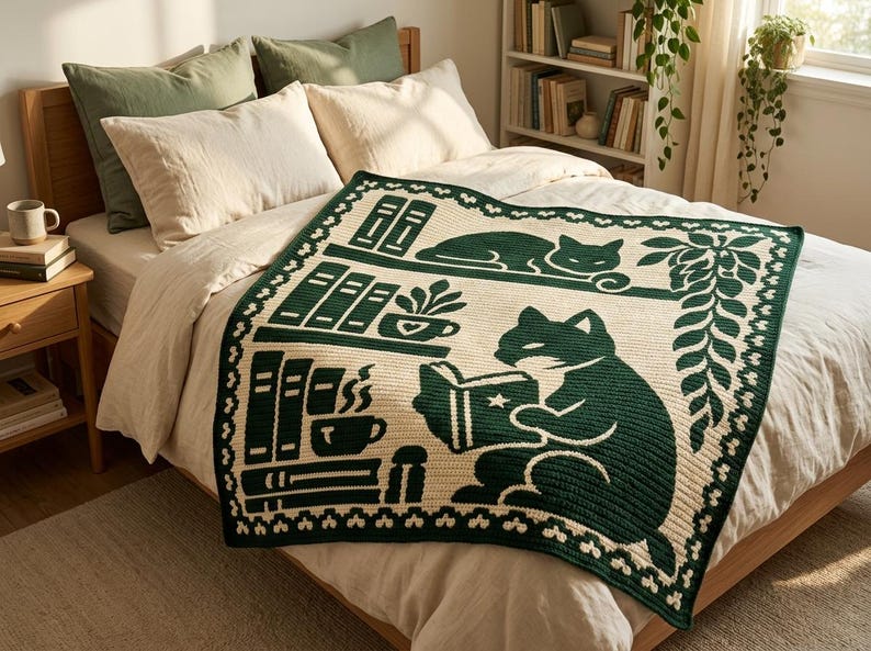 May include: A rectangular crochet blanket featuring a dark green and cream color scheme. The design depicts cats, bookshelves, potted plants, and a steaming mug. The border is decorated with a repeating small heart pattern along the edges.