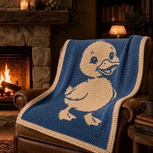 May include: A blue and beige crochet blanket featuring a large duck design. The blanket is draped over a brown leather armchair. The duck is beige, with a smiling face and webbed feet. The blanket has a beige border.