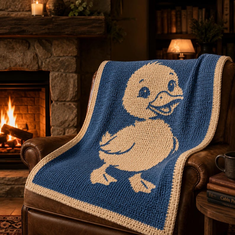 May include: A blue and beige crochet blanket featuring a large duck design. The blanket is draped over a brown leather armchair. The duck is beige, with a smiling face and webbed feet. The blanket has a beige border.
