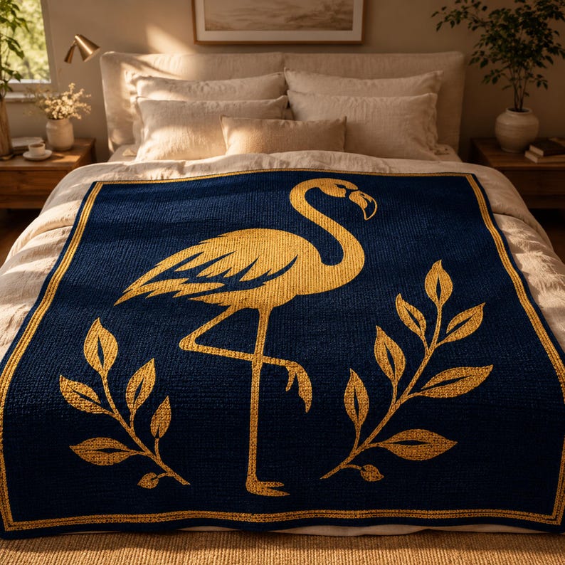 Peut inclure: Une couverture bleu marine avec un motif de flamant rose dor&eacute;. La couverture pr&eacute;sente un grand flamant rose au centre, entour&eacute; de feuilles dor&eacute;es. Les bords sont bord&eacute;s d'une bordure dor&eacute;e. Cette couverture d&eacute;corative est parfaite pour une chambre.