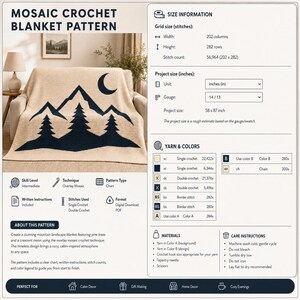 May include: A digital mosaic crochet blanket pattern featuring a mountain landscape with pine trees and a crescent moon. The document includes grid size, project size of 58 by 87 inches, yarn colour counts, skill level, and care instructions.