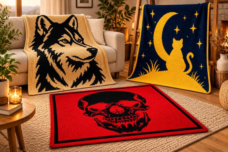 May include: Three rectangular textile items: a beige blanket with a black wolf head graphic, a dark blue blanket with a yellow crescent moon, stars, and a cat silhouette, and a red rug featuring a large black skull graphic with a black border.