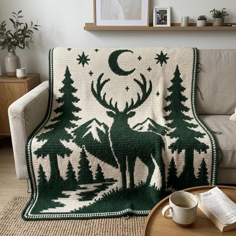 May include: A rectangular crochet blanket featuring a dark forest green and cream color scheme. The design displays a central deer silhouette, pine trees, mountain peaks, a crescent moon, and stars, all rendered in a repeating tapestry stitch pattern.