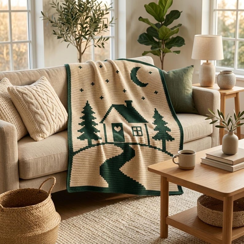 Pode incluir: Uma manta de croch&ecirc; na cor creme com um design gr&aacute;fico em verde escuro que apresenta uma cabana, pinheiros, uma lua crescente e estrelas. A cabana possui um detalhe em formato de cora&ccedil;&atilde;o na porta e uma janela.