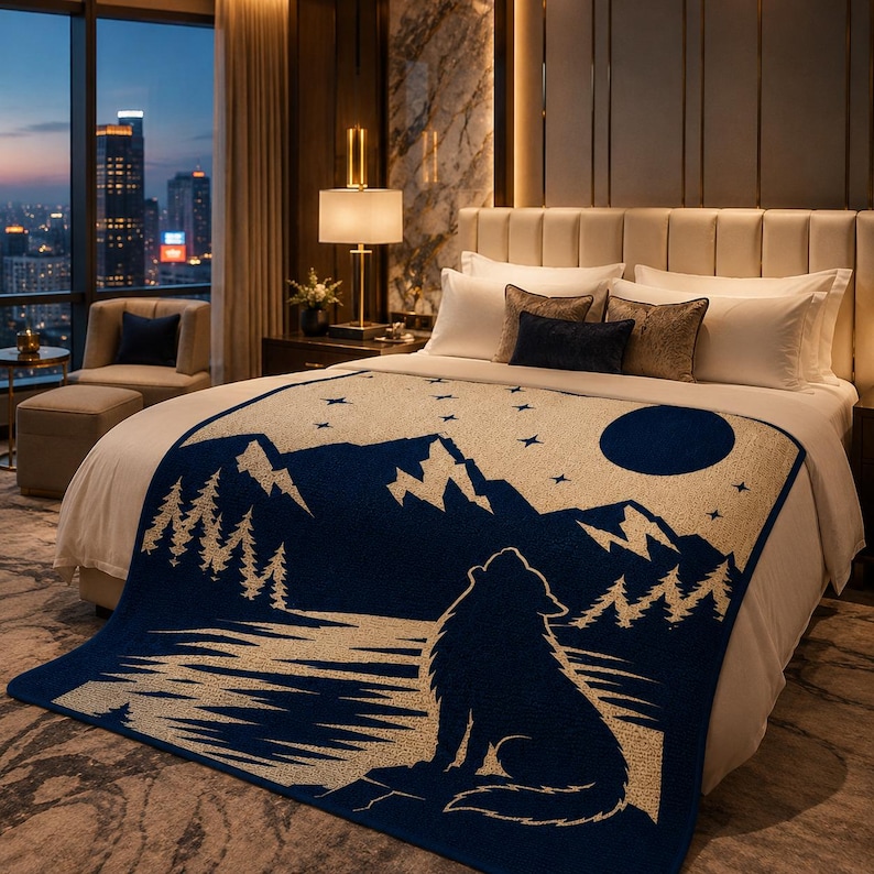 May include: A woven throw blanket featuring a dark blue and cream landscape design. The pattern depicts a wolf howling at a full moon above a forest of pine trees and jagged mountain peaks, with a starry night sky background covering the bed.