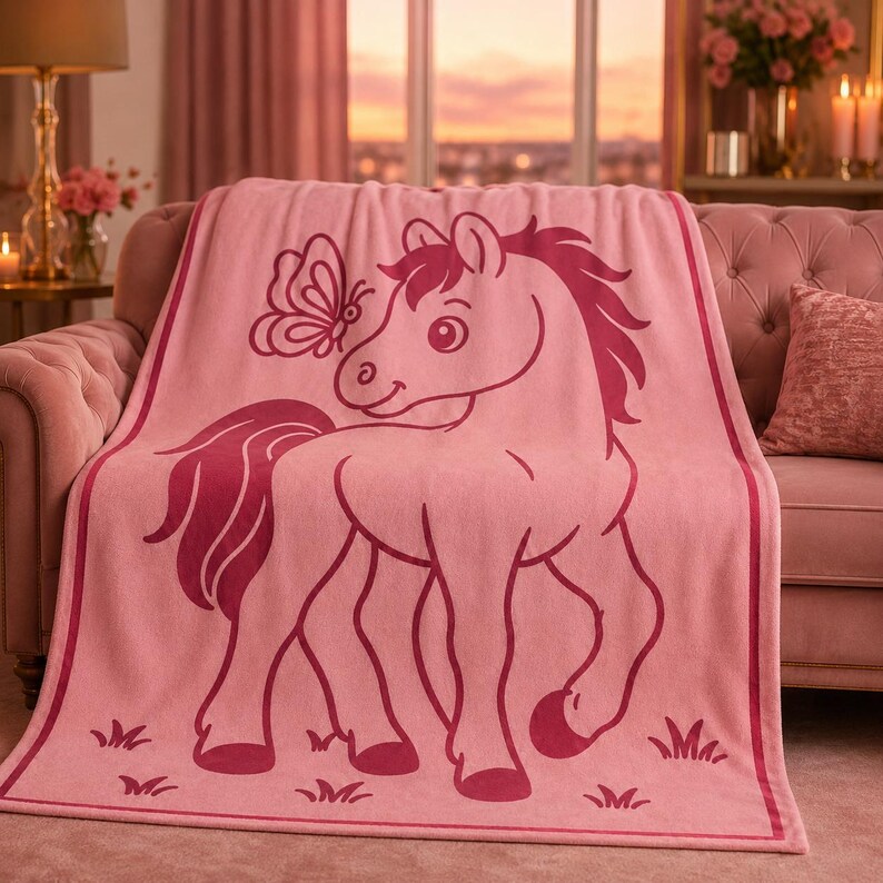 May include: A pink throw blanket with a cartoon pony and butterfly design. The blanket is draped over a pink sofa. The pony is outlined in a darker shade of pink, with a flowing mane and tail.