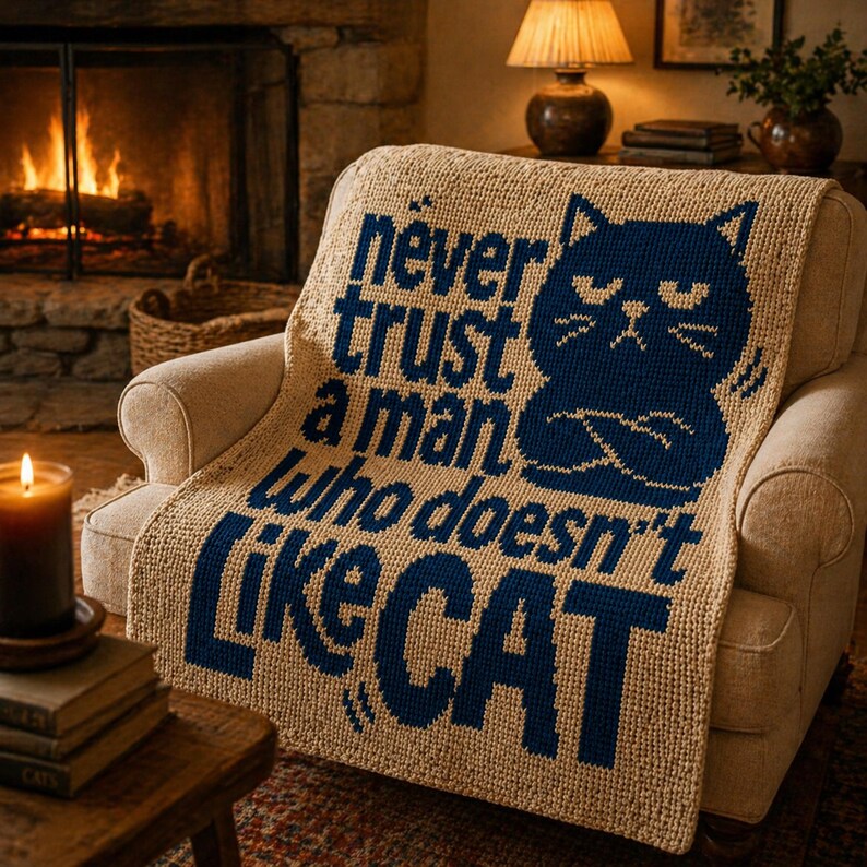 May include: A beige knitted throw blanket with a navy blue cat graphic and text that reads "Never trust a man who doesn't like cat." The blanket is draped over a beige armchair in front of a fireplace.