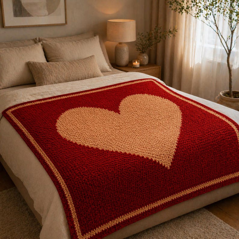 May include: A red and beige crochet blanket featuring a heart design. The blanket is rectangular with a solid red border and a beige heart in the centre. The blanket is displayed on a bed.