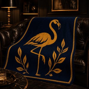 Peut inclure: Une couverture bleu marine avec un motif de flamant rose dor&eacute;. La couverture pr&eacute;sente une bordure dor&eacute;e et des accents de feuilles dor&eacute;es. Le jet&eacute; est drap&eacute; sur un canap&eacute; en cuir marron fonc&eacute;, cr&eacute;ant un accent luxueux et d&eacute;coratif.