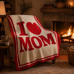 May include: A cream-colored blanket with the words "I ❤️ MOM" in bold red letters and a red heart. The blanket has a red border and is draped over a chair. The scene includes a fireplace and a cozy atmosphere.