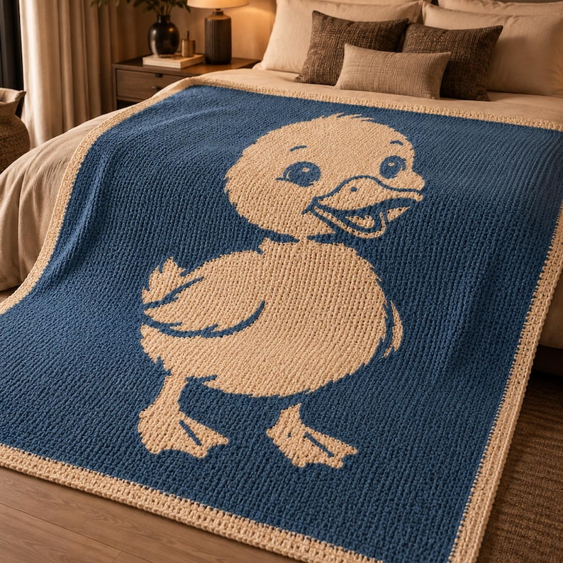 May include: A blue and beige crocheted blanket featuring a large cartoon duck design. The duck is beige, and the blanket's background is blue with a beige border. The blanket is displayed on a bed.