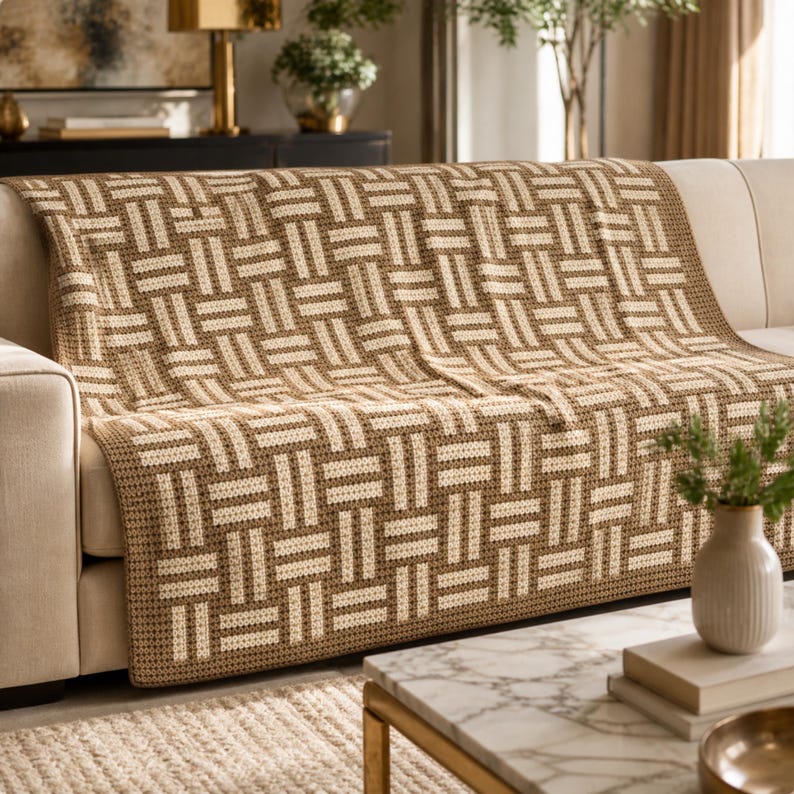 May include: A beige and cream-colored woven throw blanket with a geometric pattern is draped over a beige sofa. The blanket features a repeating rectangular design. The sofa is in a living room setting with a marble coffee table and decorative items.