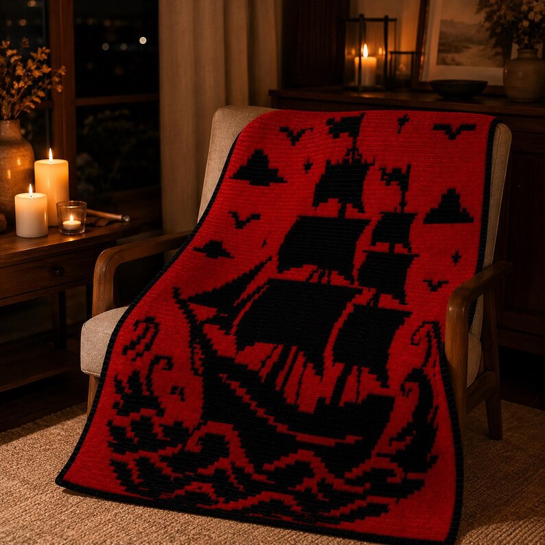 May include: A rectangular crochet blanket featuring a bold red background with a large black graphic of a sailing ship on the ocean. The design includes black silhouettes of birds and clouds in the sky, all bordered by a thin black edge.