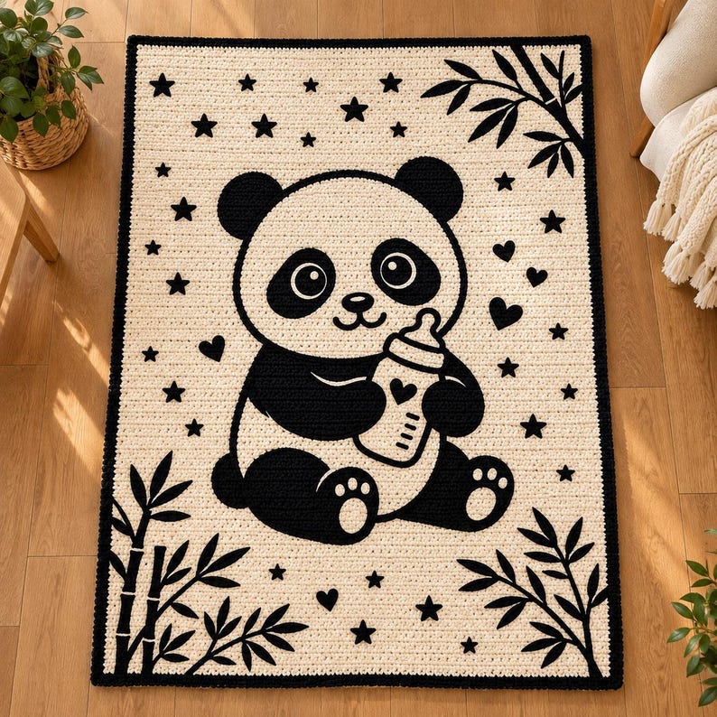 May include: A rectangular crochet blanket featuring a cream-colored background with a black border. The center displays a black and white panda holding a baby bottle, surrounded by black stars, hearts, and bamboo leaf patterns.