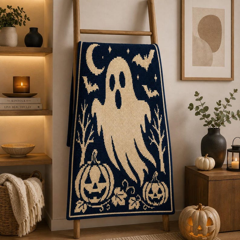 May include: A rectangular knit throw blanket featuring a dark navy blue background with a large cream-colored ghost in the center, surrounded by cream-colored motifs of a crescent moon, stars, flying bats, bare trees, and two jack-o'-lantern pumpkins.