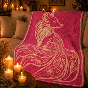 May include: A pink knitted throw blanket featuring a fox design in cream. The fox is depicted in profile, with intricate patterns in its fur and tail. The blanket is draped over a sofa, with candles and a warm, inviting ambiance.