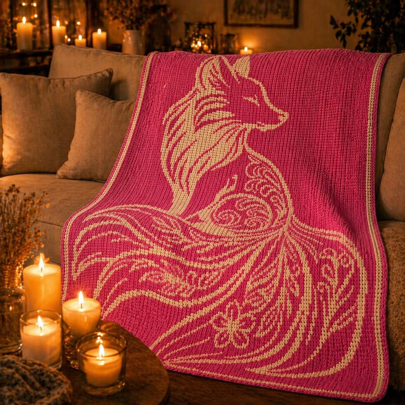 May include: A pink knitted throw blanket featuring a fox design in cream. The fox is depicted in profile, with intricate patterns in its fur and tail. The blanket is draped over a sofa, with candles and a warm, inviting ambiance.