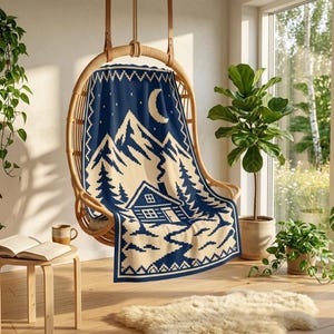 May include: A rectangular woven throw blanket featuring a dark blue and cream pixelated landscape design. The pattern depicts a cabin with a chimney, pine trees, snow-covered ground, a crescent moon, and stars against a dark blue night sky.
