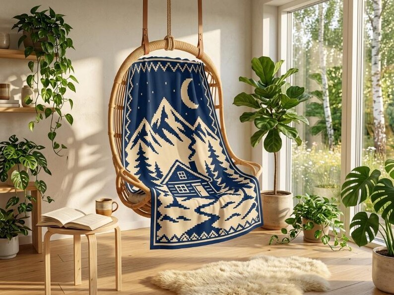May include: A rectangular woven throw blanket featuring a dark blue and cream pixelated landscape design. The pattern depicts a cabin with a chimney, pine trees, snow-covered ground, a crescent moon, and stars against a dark blue night sky.