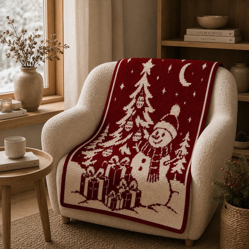May include: A rectangular knit throw blanket featuring a deep red background with a cream-colored pattern. The design displays a snowman wearing a hat and scarf, a decorated Christmas tree, stacked gift boxes, a crescent moon, and small stars.