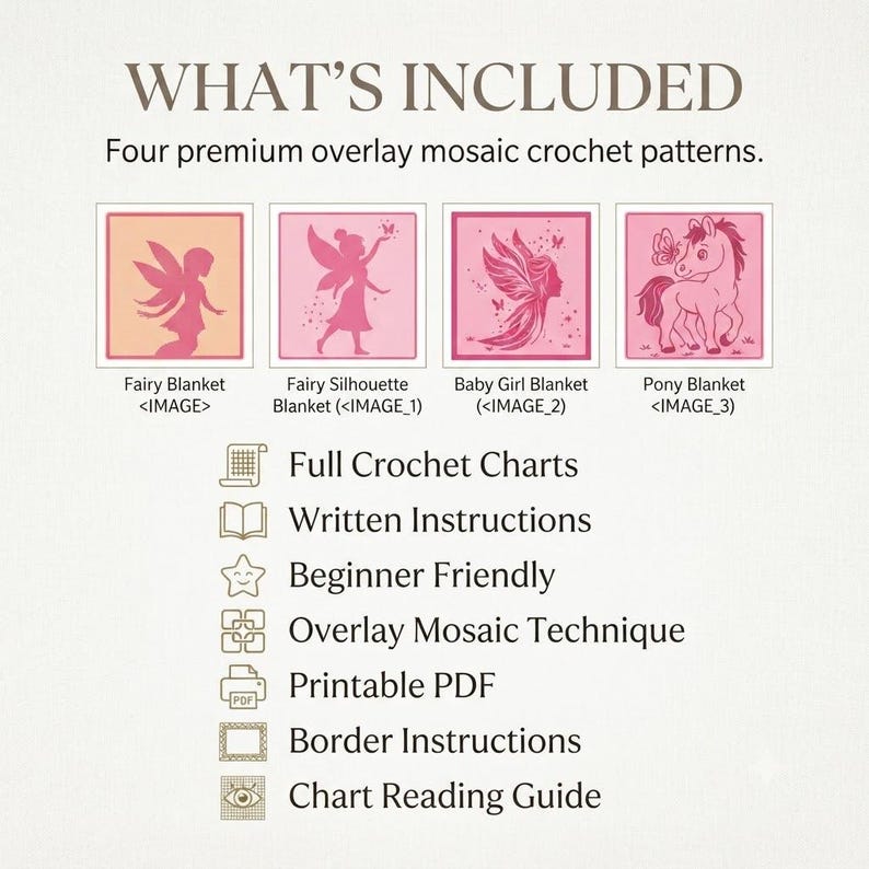 May include: A digital document featuring four overlay mosaic crochet patterns: Fairy Blanket, Fairy Silhouette Blanket, Baby Girl Blanket, and Pony Blanket. Includes full crochet charts, written instructions, border instructions, and a chart reading guide.