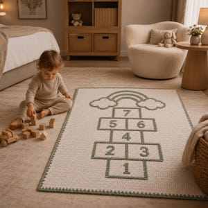 May include: An off-white rectangular rug with a hopscotch design. The rug has a green border and a green rainbow and cloud design above the numbered hopscotch squares. A child is playing with wooden blocks near the rug.