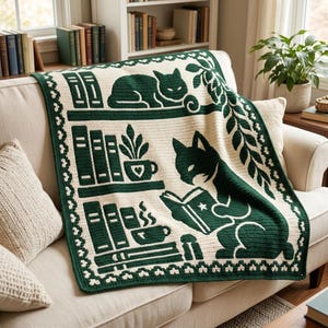 May include: A cream-colored crochet throw blanket featuring a dark green pattern of cats, bookshelves, potted plants, and steaming mugs. The design includes a decorative border and a cat reading a book, all rendered in a two-tone knit texture.