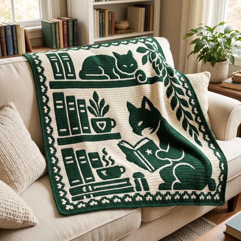May include: A cream-colored crochet throw blanket featuring a dark green pattern of cats, bookshelves, potted plants, and steaming mugs. The design includes a decorative border and a cat reading a book, all rendered in a two-tone knit texture.