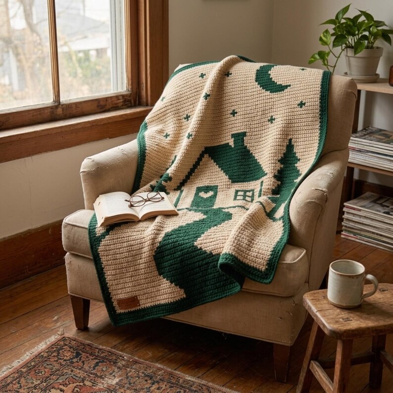 Pode incluir: Uma manta de croch&ecirc; creme e verde-escura com um padr&atilde;o gr&aacute;fico de uma casa, um pinheiro, uma lua crescente e pequenas estrelas. A manta est&aacute; estendida sobre uma poltrona bege estofada com um livro aberto e &oacute;culos em cima.
