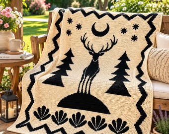 Scandinavian Deer Mosaic Crochet Blanket Pattern PDF | Nordic Folk Art Overlay Mosaic Crochet | Modern Two Color Reindeer Throw Pattern