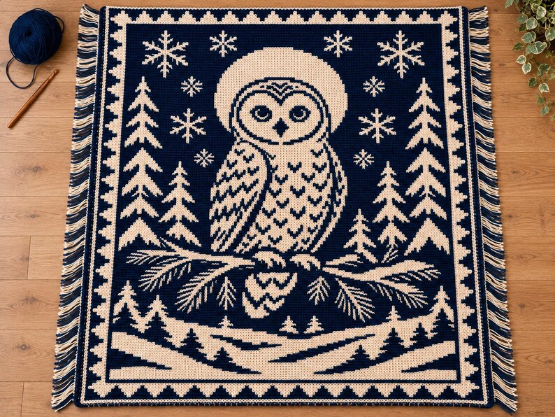 May include: A rectangular woven throw blanket featuring a dark navy blue and cream color scheme. The design displays a central owl perched on a pine branch, surrounded by stylized pine trees, falling snowflakes, and a decorative border with fringe.