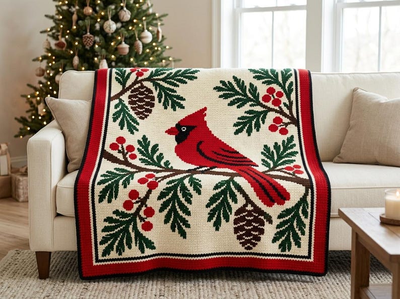 Cardinal Christmas Mosaic Crochet Blanket Pattern PDF, Overlay Crochet Chart image 2
