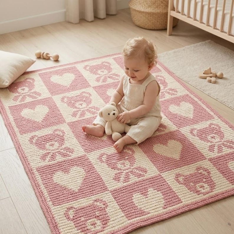 May include: A pink and cream-colored baby blanket with a repeating pattern of teddy bears and hearts. The blanket is made of a soft, knitted material and is rectangular in shape. A baby is sitting on the blanket, holding a teddy bear.
