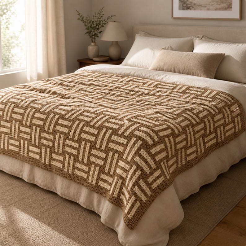 May include: A woven blanket with a geometric pattern in shades of brown and cream, draped over a bed. The blanket's design features a repeating rectangular motif, creating a textured appearance. The bed is made with white sheets and pillows, and the room has a neutral color palette.