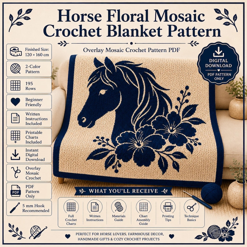 May include: A crochet blanket pattern featuring a horse head and floral design in navy blue on a beige background. The finished size is 47 x 63 inches. The pattern includes written instructions, printable charts, and is beginner-friendly.