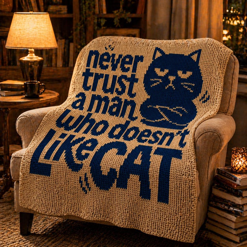 May include: A beige knitted throw blanket draped over an armchair. The blanket features the text "Never trust a man who doesn't like cat" in navy blue, along with a navy blue cat graphic.