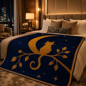 May include: A navy blue throw blanket with a gold cat silhouette perched on a crescent moon and branch. The blanket features a star pattern and is displayed on a bed with neutral-toned bedding. The blanket is made of a soft material.