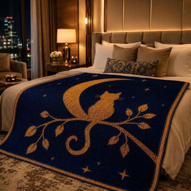May include: A navy blue throw blanket with a gold cat silhouette perched on a crescent moon and branch. The blanket features a star pattern and is displayed on a bed with neutral-toned bedding. The blanket is made of a soft material.