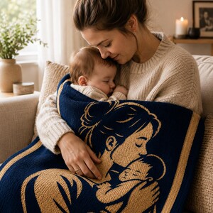 May include: A navy blue and tan blanket featuring an illustration of a mother and child. The blanket is wrapped around a baby being held by a person wearing a cream-colored sweater. The blanket has a striped border.