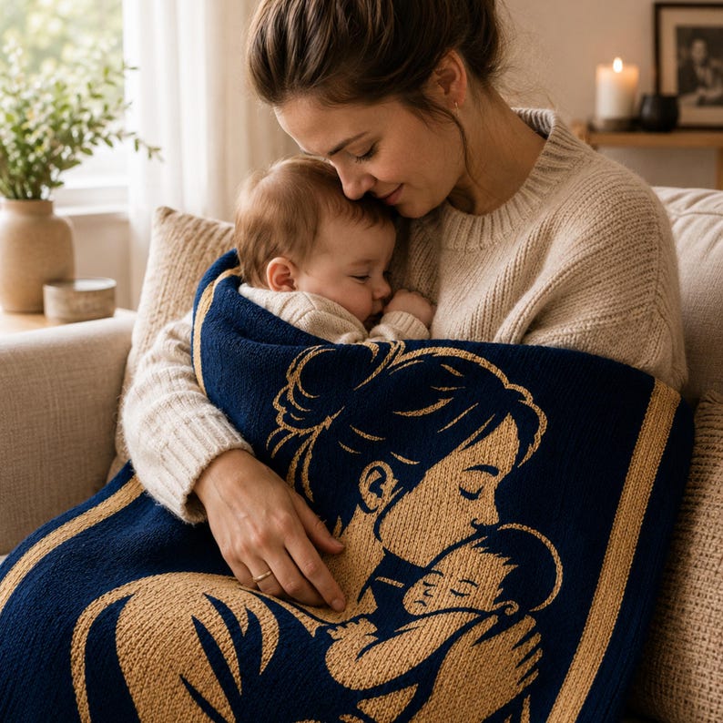 May include: A navy blue and tan blanket featuring an illustration of a mother and child. The blanket is wrapped around a baby being held by a person wearing a cream-colored sweater. The blanket has a striped border.