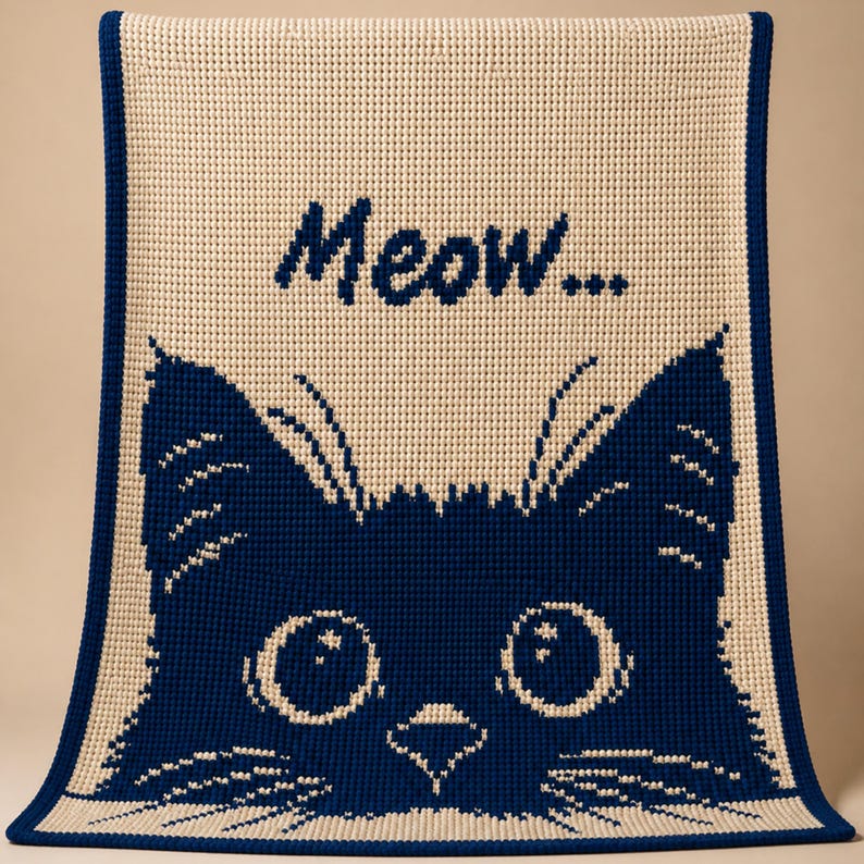 May include: A cream-colored blanket with a navy blue cat face design. The word "Meow..." is written above the cat's face. The blanket has a navy blue border.