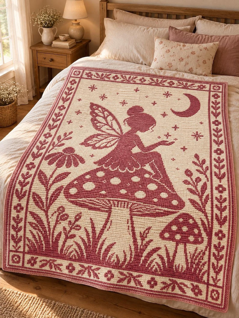 May include: A rectangular crochet blanket featuring a deep red and cream color scheme. The design displays a central fairy sitting on a large mushroom, surrounded by smaller mushrooms, flowers, stars, and a crescent moon, all framed by a floral border.