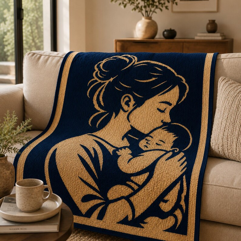 May include: A navy blue and tan throw blanket featuring a mother kissing a baby. The blanket has a rectangular shape and is draped over a beige sofa. The design is a silhouette of a mother and child.