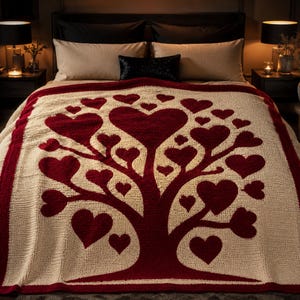 May include: A cream-colored blanket with a large red heart tree design. The blanket has a red border and is displayed on a bed with neutral-toned pillows and a black headboard. The blanket is a cozy home decor item.