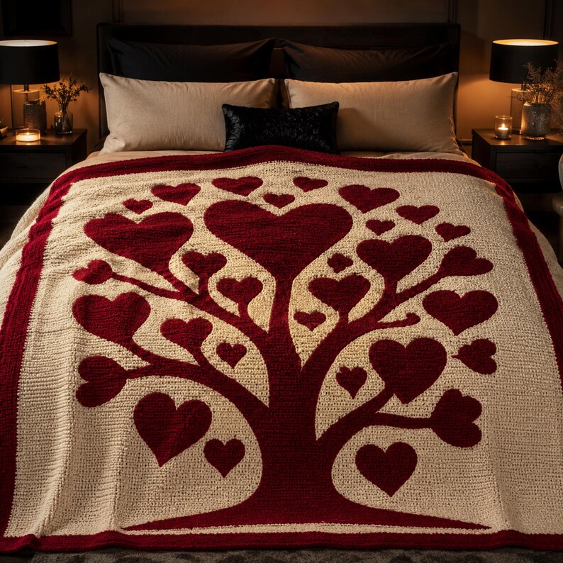 May include: A cream-colored blanket with a large red heart tree design. The blanket has a red border and is displayed on a bed with neutral-toned pillows and a black headboard. The blanket is a cozy home decor item.
