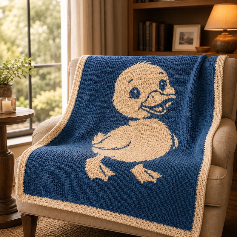May include: A blue knitted blanket with a large, smiling duck design in cream color. The blanket has a cream-colored border and is draped over a beige armchair. The blanket is a cozy home decor item.
